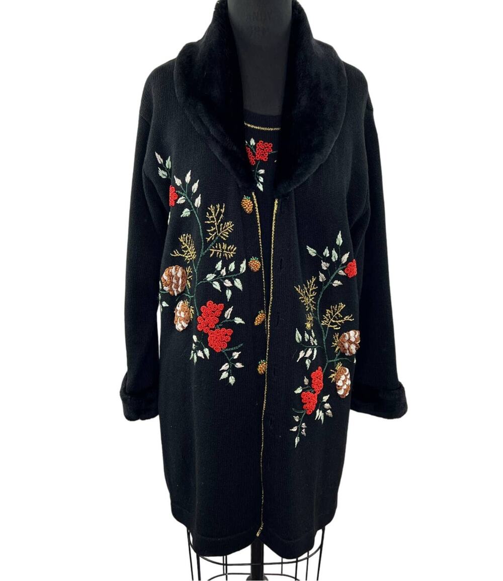 Vintage Storybook Knits SET Fur Embroidered Button-Down Cardigan Sweater Top L